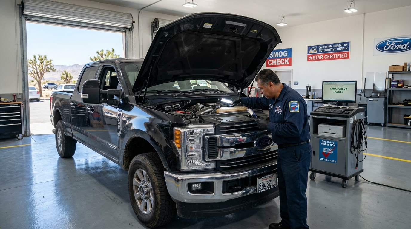 Diesel truck undergoing California smog check in Hesperia bay