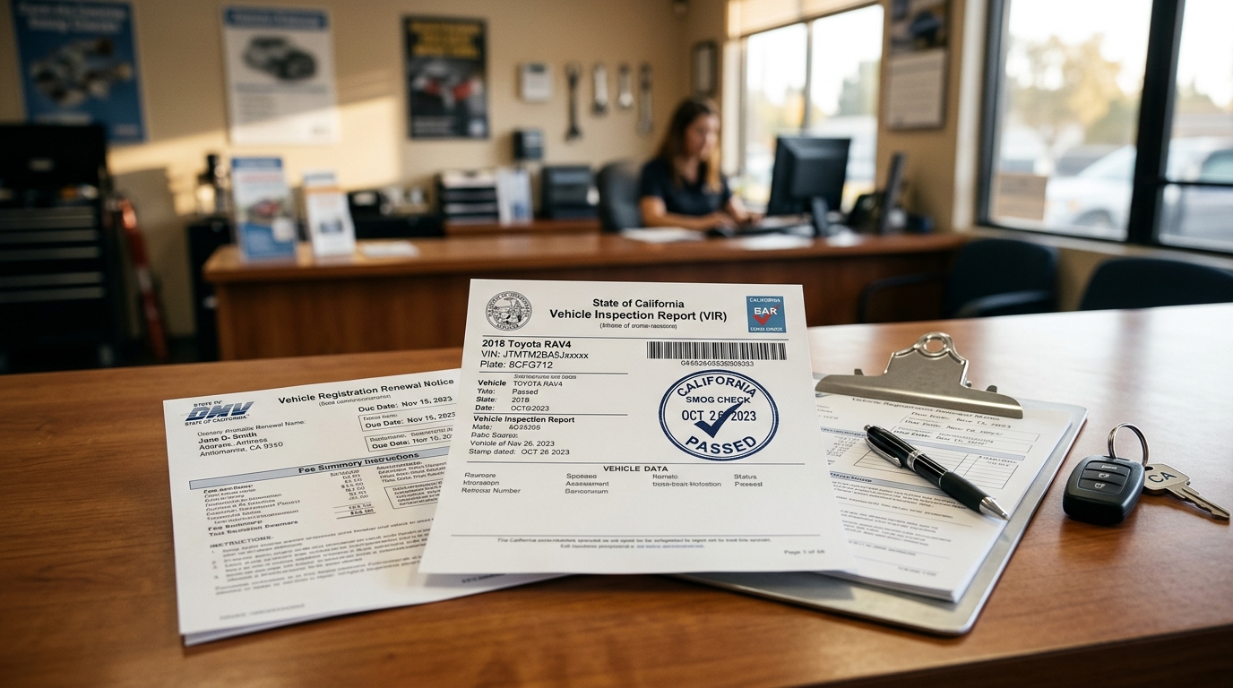 DMV registration renewal notice and vehicle inspection report