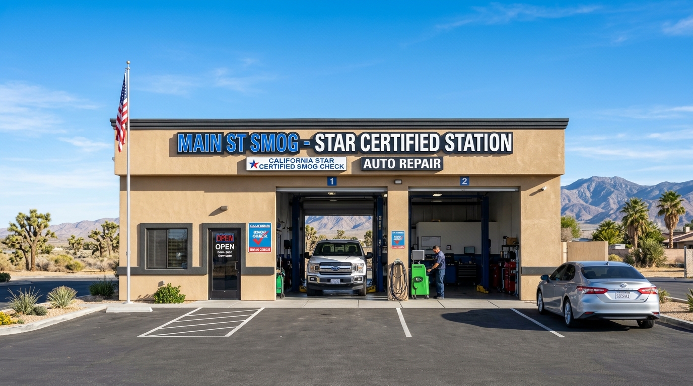 Main St Smog station building exterior on Jellico Ave in Hesperia
