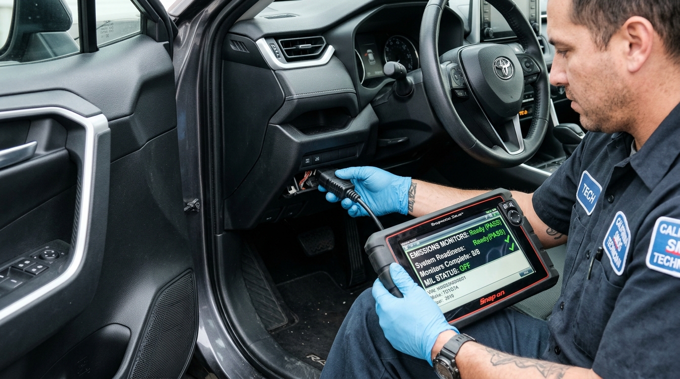 Certified smog technician checking OBD-II readiness monitors