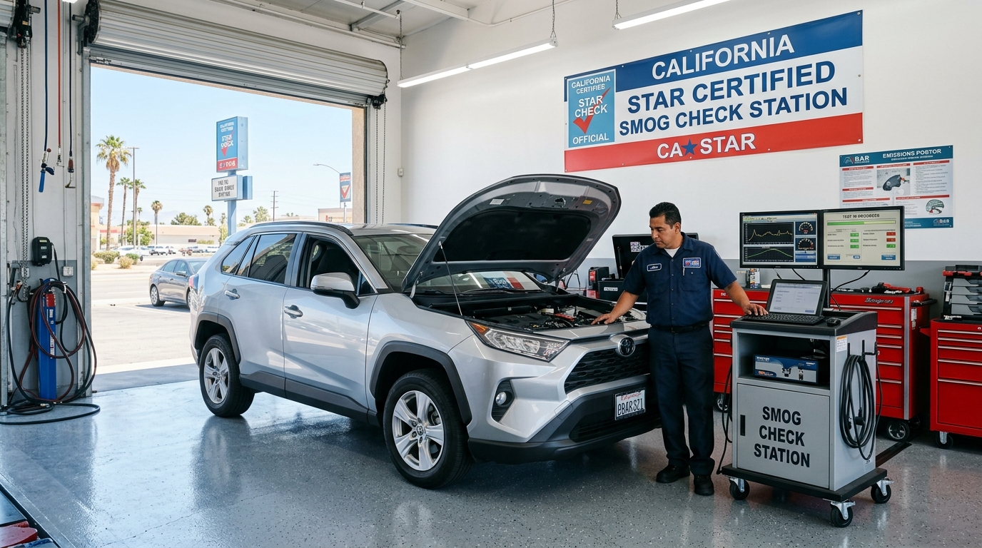 Certified technician performing smog check inside Main St Smog station bay in Hesperia